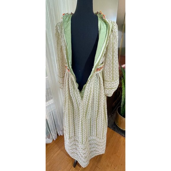 Vintage 60s prairie maxi dress, green organza flocked floral, lined - Picture 9 of 10